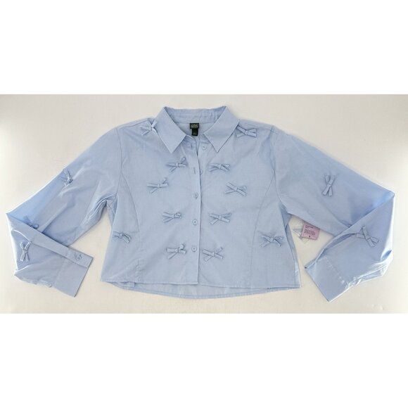 NWT Wild Fable Baby Blue Bow Collared Button Blouse Size Sm, Cropped Academia - Picture 1 of 8
